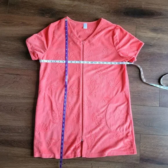 Womens ADONNA Terry cloth Zip Cover Up Robe L Coral Turtle Shells Print Pockets - Picture 3 of 13